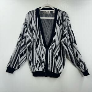 MTO‎ International Vintage Cardigan Sweater Black Geometric Grandpa Knit Size L